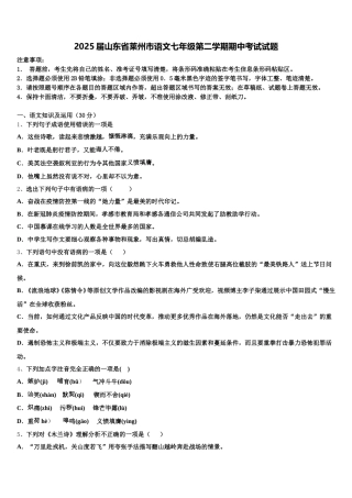 2025届山东省莱州市语文七年级第二学期期中考试试题含解析