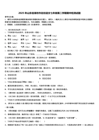 2025年山东省潍坊市名校语文七年级第二学期期中检测试题含解析