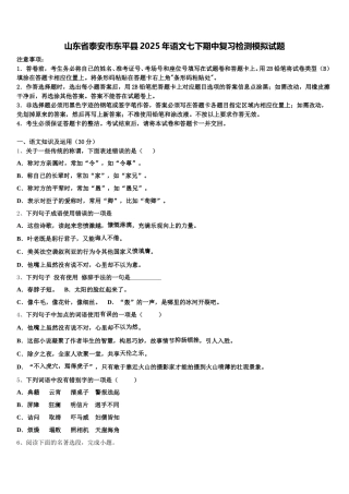 山东省泰安市东平县2025年语文七下期中复习检测模拟试题含解析
