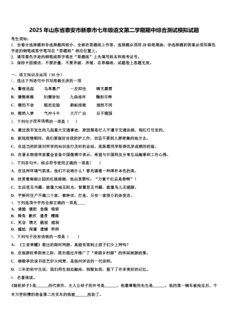 2025年山东省泰安市新泰市七年级语文第二学期期中综合测试模拟试题含解析
