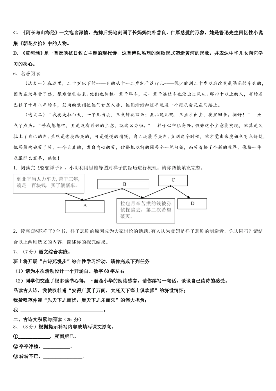 山东省济南兴济中学2024-2025学年七年级语文第二学期期中达标测试试题含解析_第2页