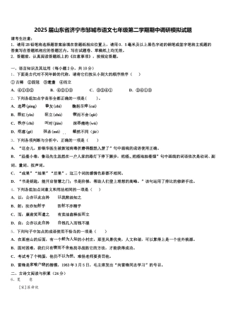 2025届山东省济宁市邹城市语文七年级第二学期期中调研模拟试题含解析
