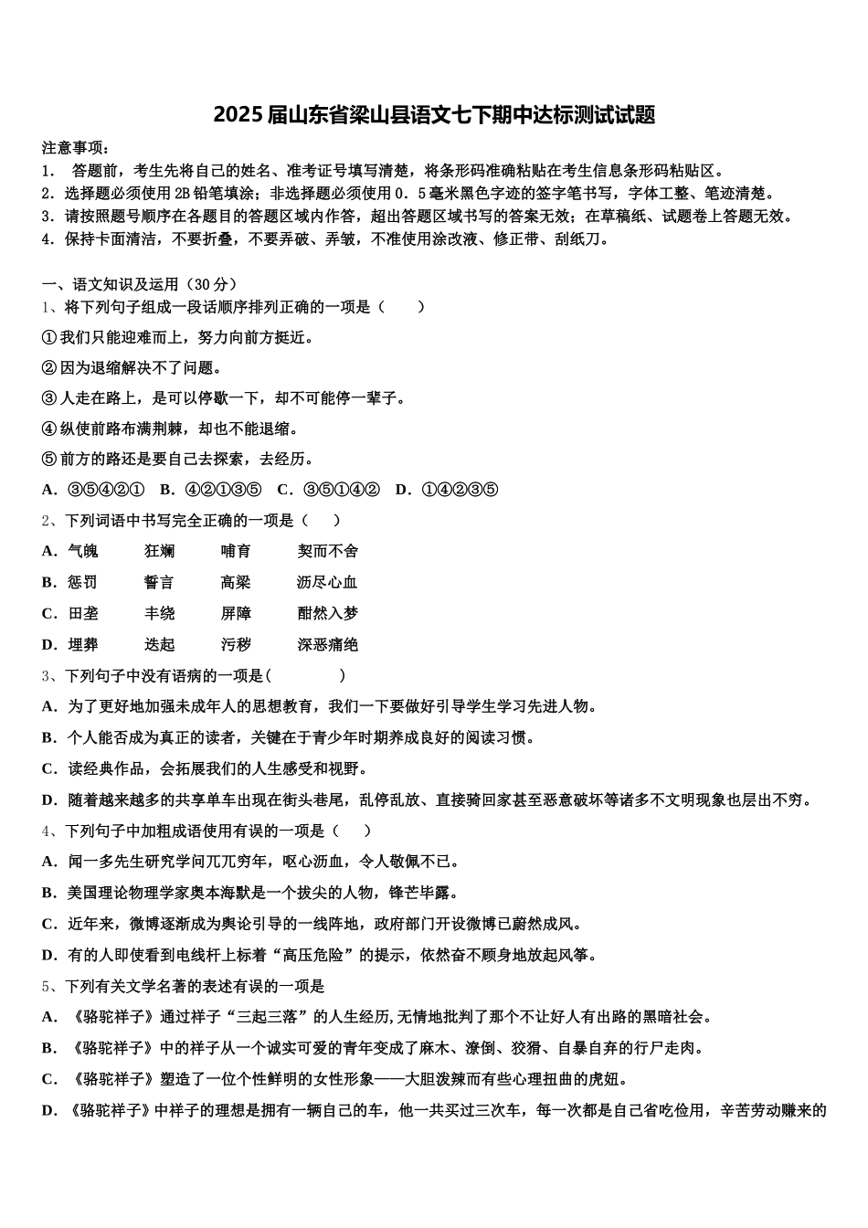 2025届山东省梁山县语文七下期中达标测试试题含解析_第1页