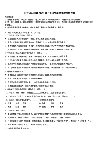 山东省沂源县2025届七下语文期中考试模拟试题含解析