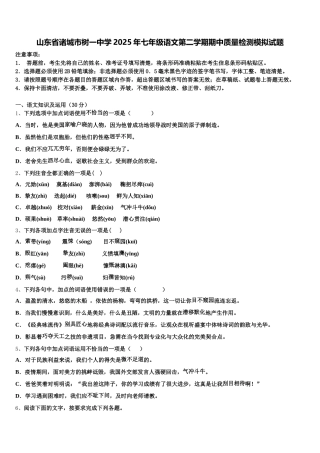 山东省诸城市树一中学2025年七年级语文第二学期期中质量检测模拟试题含解析