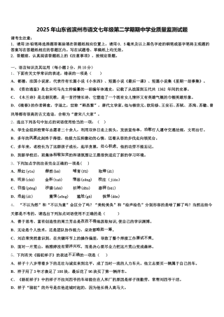 2025年山东省滨州市语文七年级第二学期期中学业质量监测试题含解析