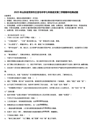 2025年山东省菏泽市王浩屯中学七年级语文第二学期期中经典试题含解析