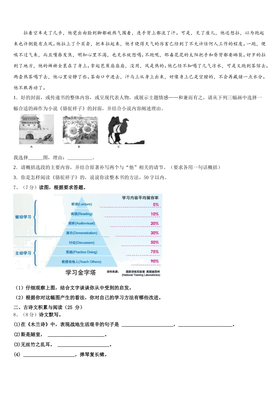 湖南省娄底新化县联考2025届语文七下期中检测试题含解析_第2页