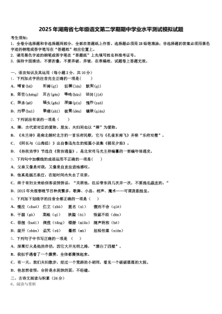 2025年湖南省七年级语文第二学期期中学业水平测试模拟试题含解析