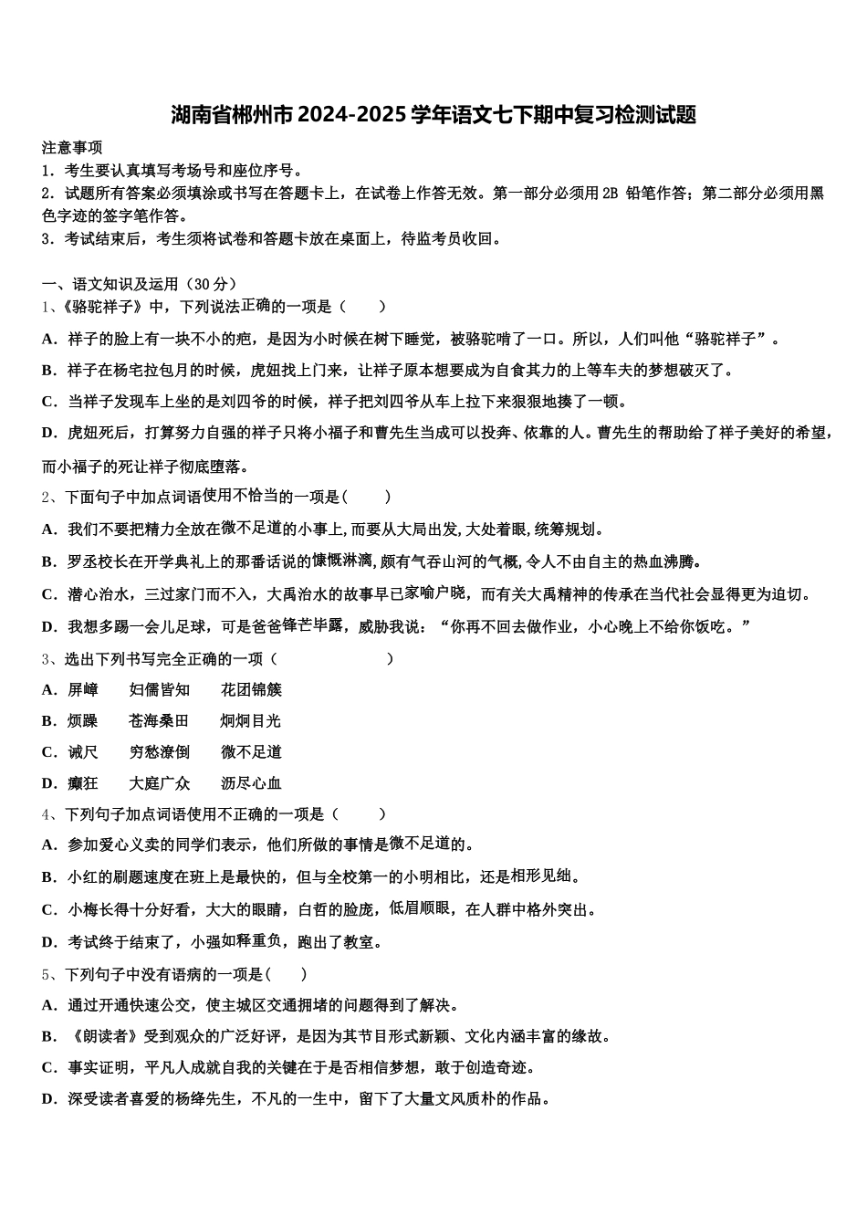 湖南省郴州市2024-2025学年语文七下期中复习检测试题含解析_第1页