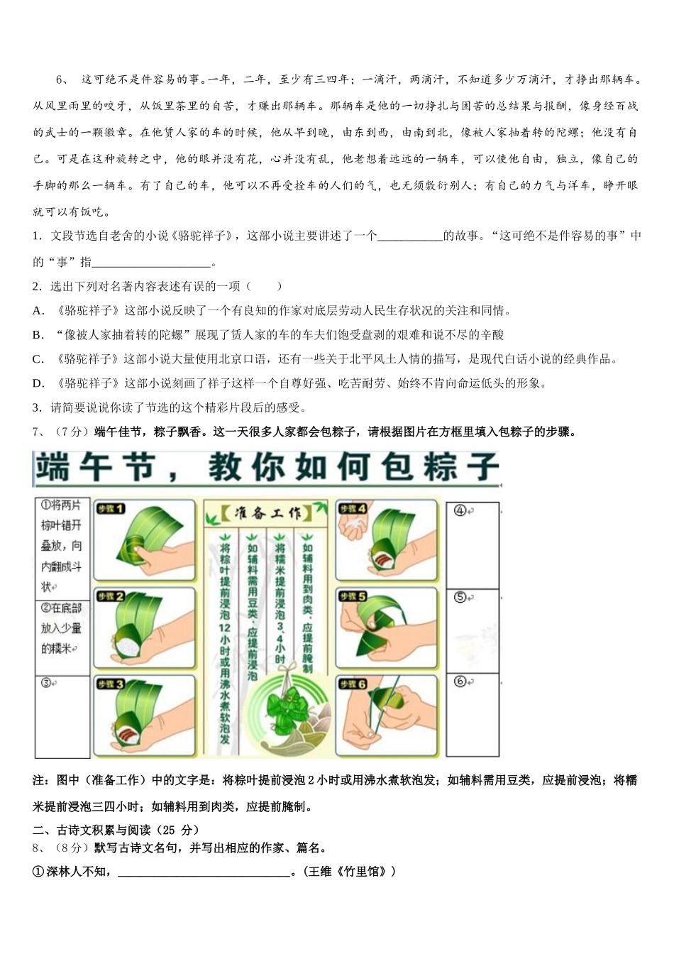 湖南省郴州市2024-2025学年语文七下期中复习检测试题含解析_第2页