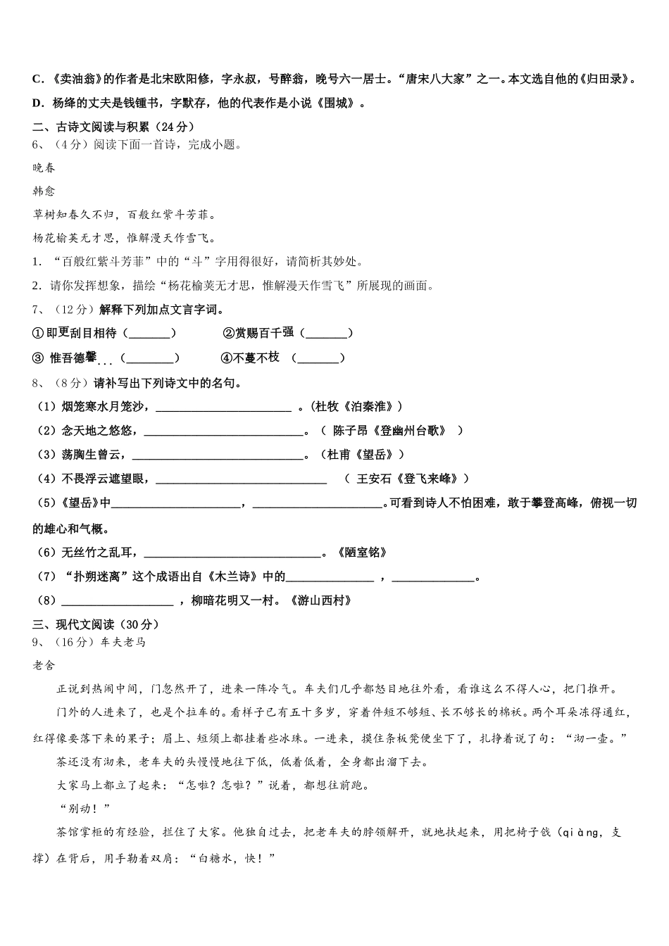 湖南省武冈市2024-2025学年七下语文期中考试试题含解析_第2页