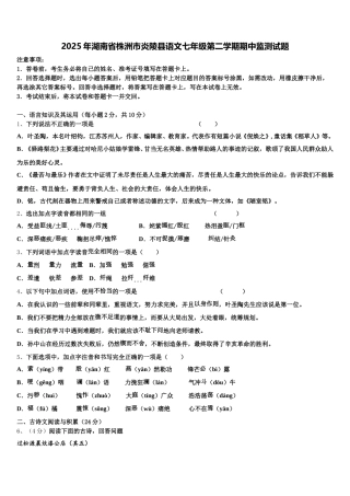 2025年湖南省株洲市炎陵县语文七年级第二学期期中监测试题含解析