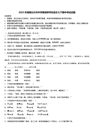 2025年湖南长沙市中学雅培粹学校语文七下期中考试试题含解析