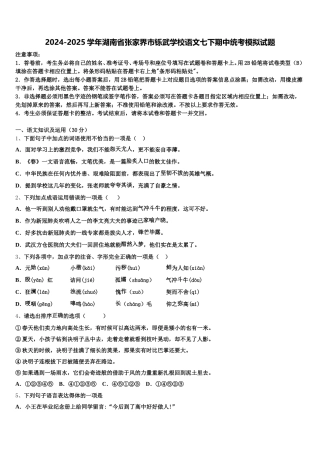 2024-2025学年湖南省张家界市铄武学校语文七下期中统考模拟试题含解析