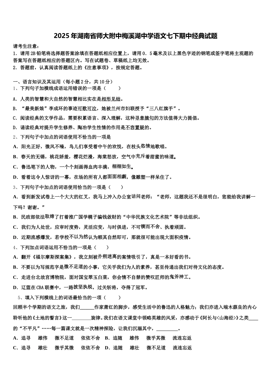 2025年湖南省师大附中梅溪湖中学语文七下期中经典试题含解析_第1页