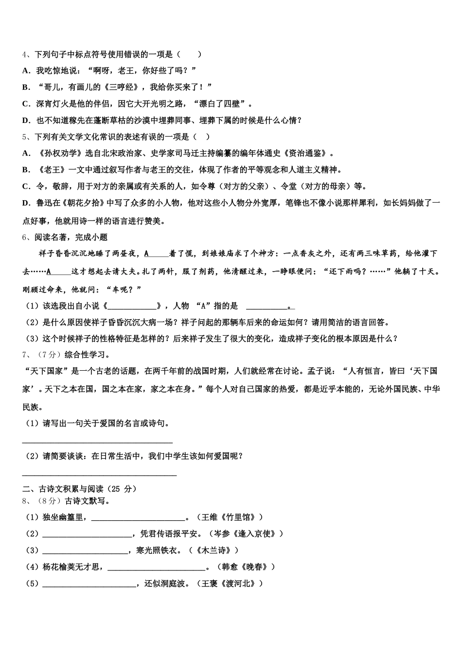 2025届湖南省岳阳市城区语文七年级第二学期期中达标检测试题含解析_第2页