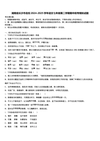 湖南省长沙市名校2024-2025学年语文七年级第二学期期中统考模拟试题含解析