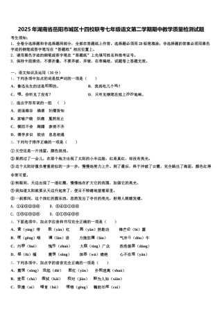 2025年湖南省岳阳市城区十四校联考七年级语文第二学期期中教学质量检测试题含解析