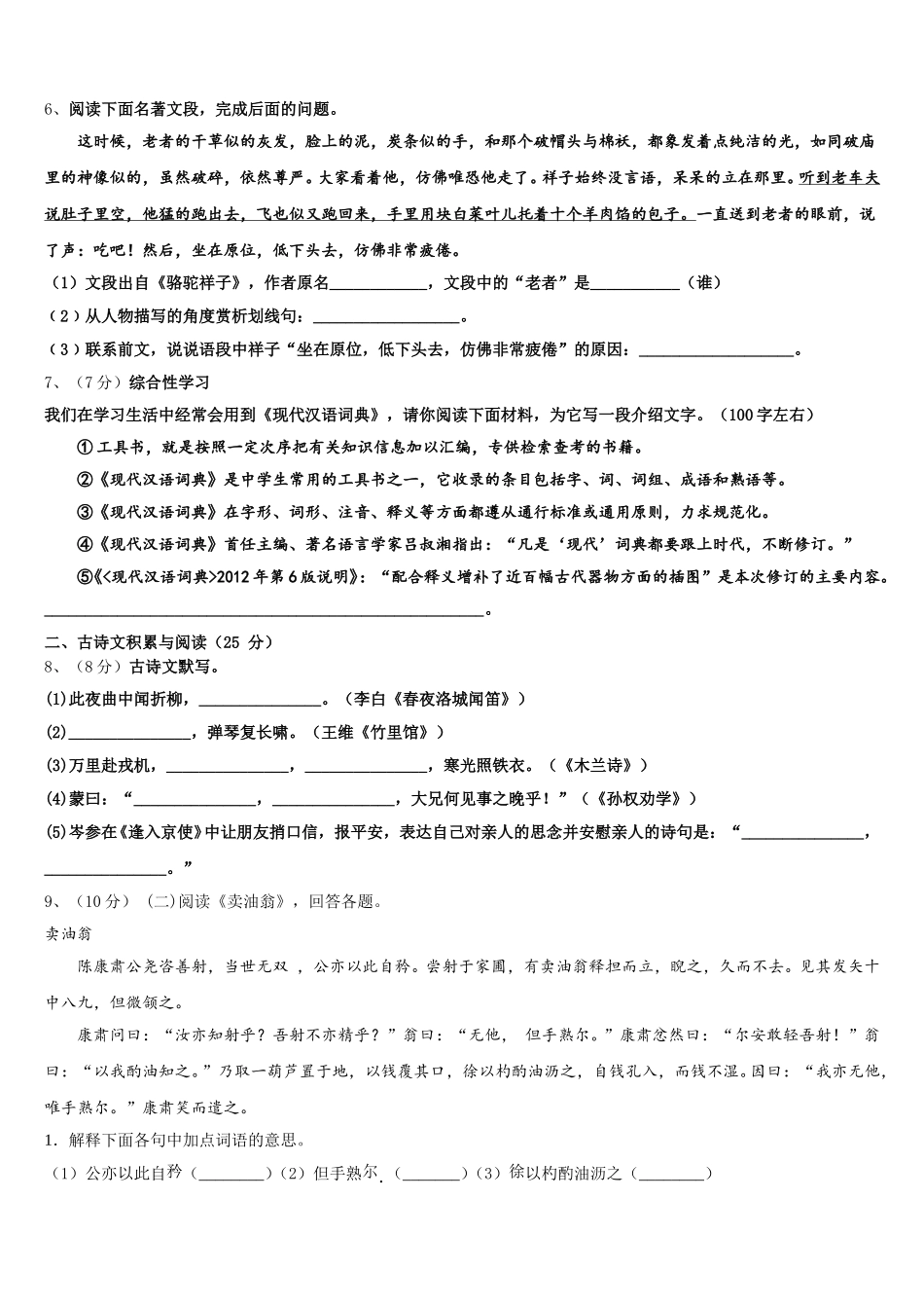2025年湖南省澧县语文七下期中学业水平测试模拟试题含解析_第2页