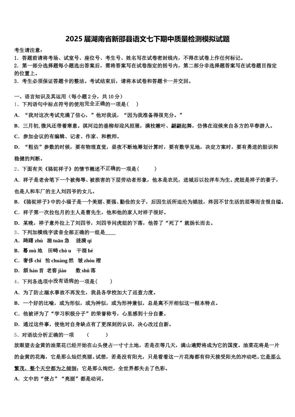 2025届湖南省新邵县语文七下期中质量检测模拟试题含解析_第1页