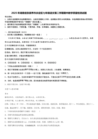 2025年湖南省张家界市永定区七年级语文第二学期期中教学质量检测试题含解析