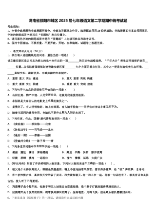 湖南省邵阳市城区2025届七年级语文第二学期期中统考试题含解析