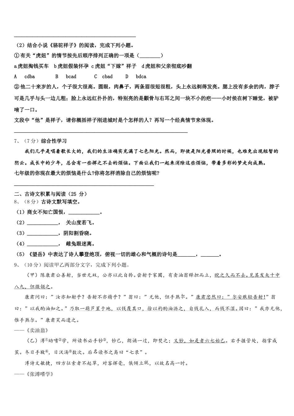 安徽省马鞍山市雨山建中学2024-2025学年七下语文期中达标测试试题含解析_第2页