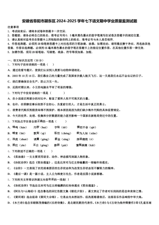 安徽省阜阳市颍东区2024-2025学年七下语文期中学业质量监测试题含解析