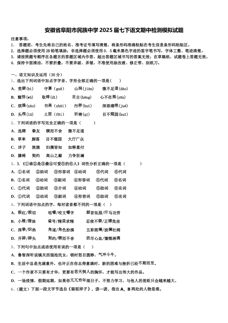 安徽省阜阳市民族中学2025届七下语文期中检测模拟试题含解析_第1页