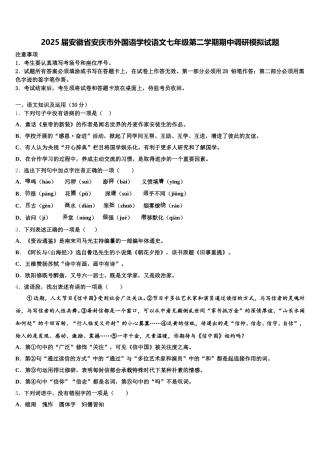 2025届安徽省安庆市外国语学校语文七年级第二学期期中调研模拟试题含解析