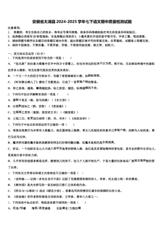 安徽省太湖县2024-2025学年七下语文期中质量检测试题含解析