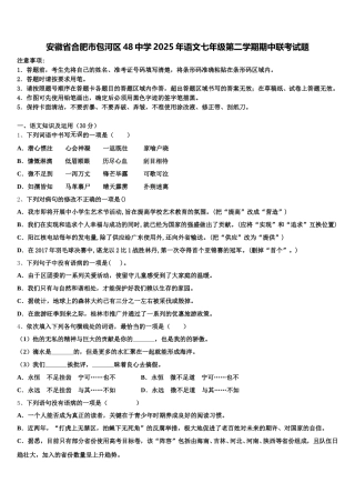 安徽省合肥市包河区48中学2025年语文七年级第二学期期中联考试题含解析