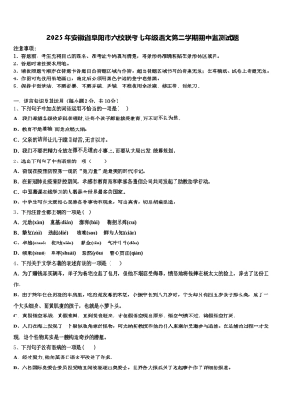 2025年安徽省阜阳市六校联考七年级语文第二学期期中监测试题含解析