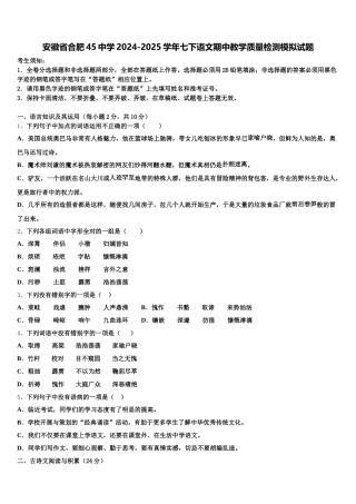 安徽省合肥45中学2024-2025学年七下语文期中教学质量检测模拟试题含解析