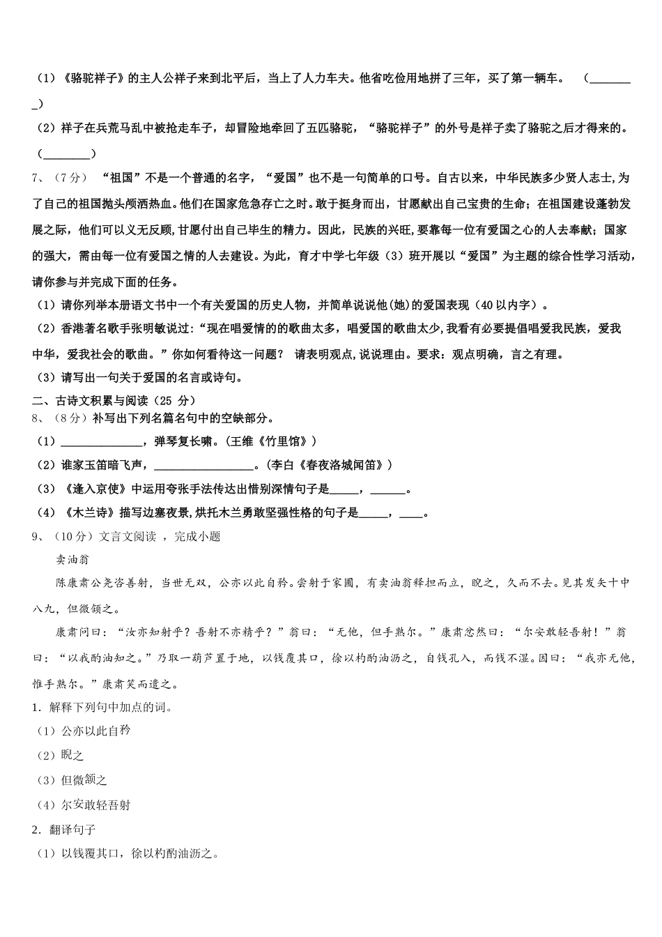 安徽省潜山市第四中学2025年七年级语文第二学期期中学业水平测试试题含解析_第2页