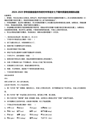 2024-2025学年安徽省宿州市时村中学语文七下期中质量检测模拟试题含解析