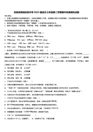 安徽省桐城实验中学2025届语文七年级第二学期期中经典模拟试题含解析