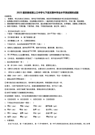 2025届安徽省颍上三中学七下语文期中学业水平测试模拟试题含解析