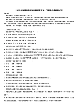 2025年安徽省毫州利辛县联考语文七下期中经典模拟试题含解析