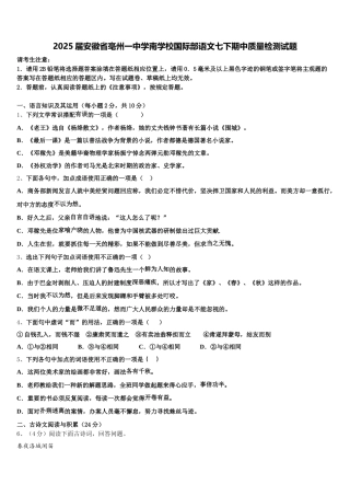 2025届安徽省亳州一中学南学校国际部语文七下期中质量检测试题含解析