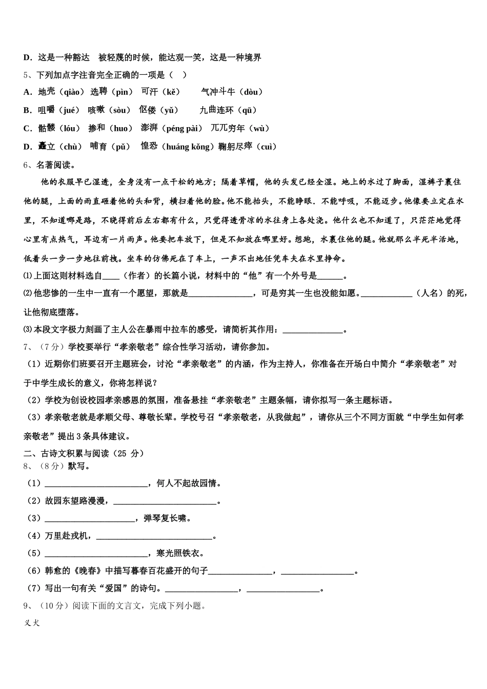 安徽省合肥市中学科大附中2025届七下语文期中达标检测试题含解析_第2页