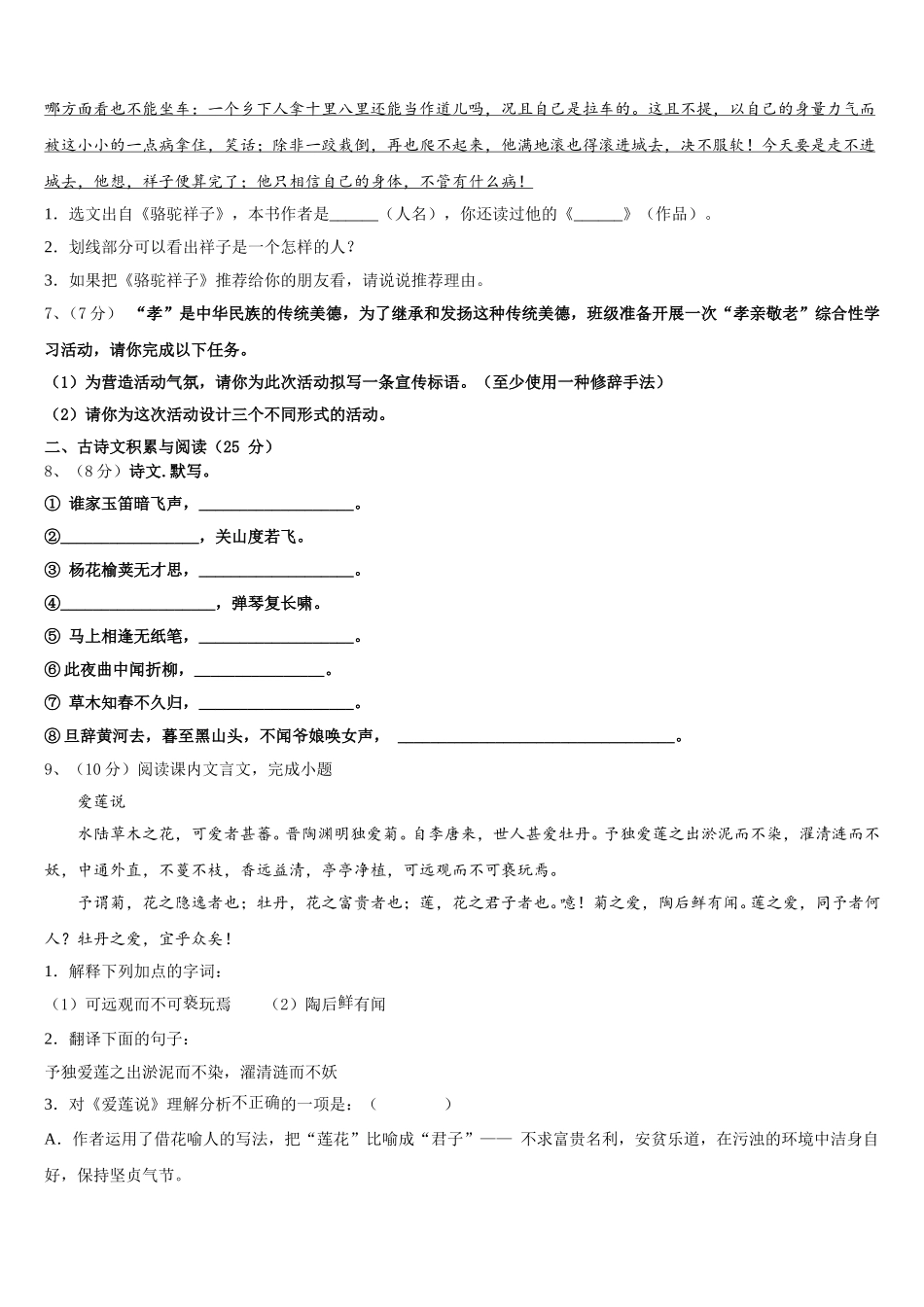安徽淮南寿县2024-2025学年七年级语文第二学期期中复习检测模拟试题含解析_第2页