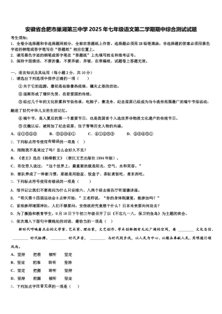 安徽省合肥市巢湖第三中学2025年七年级语文第二学期期中综合测试试题含解析