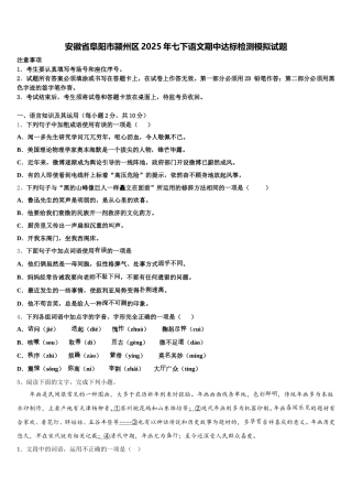 安徽省阜阳市颍州区2025年七下语文期中达标检测模拟试题含解析
