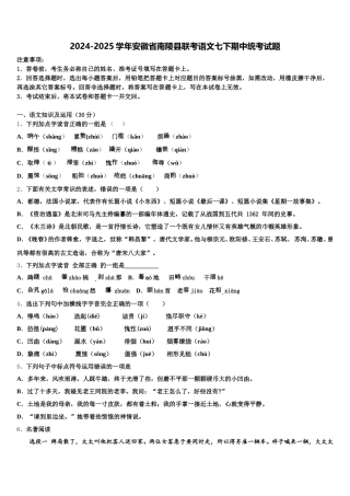 2024-2025学年安徽省南陵县联考语文七下期中统考试题含解析