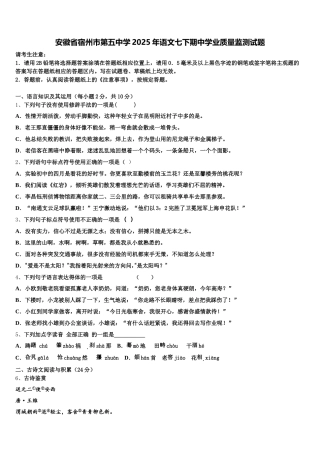 安徽省宿州市第五中学2025年语文七下期中学业质量监测试题含解析