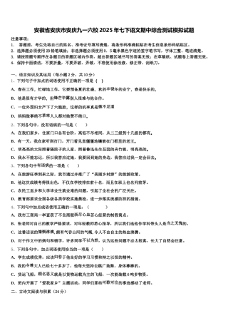 安徽省安庆市安庆九一六校2025年七下语文期中综合测试模拟试题含解析