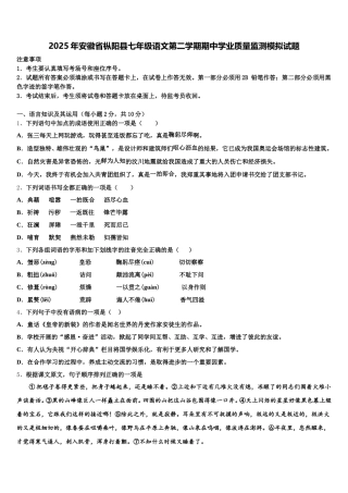 2025年安徽省枞阳县七年级语文第二学期期中学业质量监测模拟试题含解析