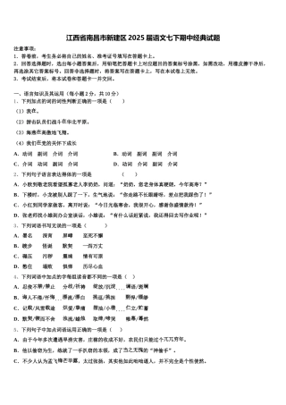 江西省南昌市新建区2025届语文七下期中经典试题含解析